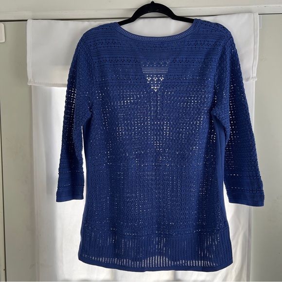 Talbots Quarter Sleeve Tee Top Womens M Blue Open Knit Pullover EUC - Picture 4 of 9